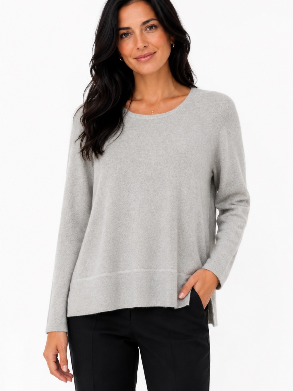 Cortland Park  Gray Women's Cashmere Layered Hem Sweater in Sz M